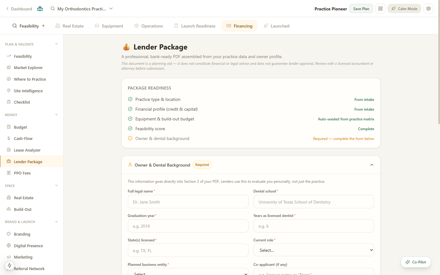 Lender package readiness workspace